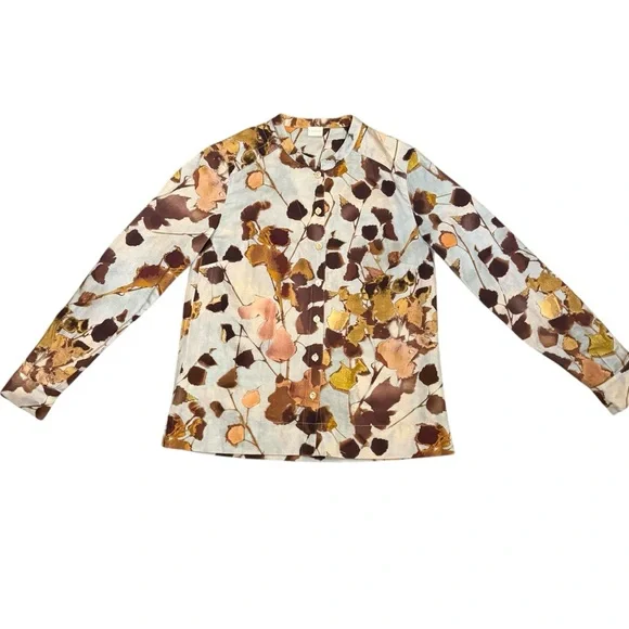 POETRY Linen Cotton Print Long Sleeve Button Down Mandarin Collar Blouse Size 4 - Picture 3 of 10